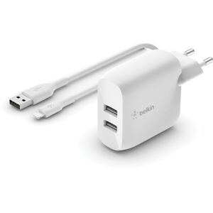 Belkin BOOST CHARGE duálna USB-A sieťová nabíjačka 2x12W, Lightning kábel, biela