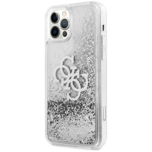 Plastové puzdro Guess na Apple iPhone 12 Pro Max GUHCP12LLG4GSI Big 4G Liquid Glitter Silver transparentné