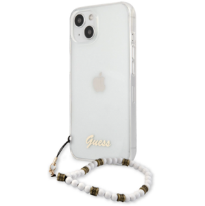 Plastové puzdro Guess na Apple iPhone 13 GUHCP13MKPSWH Script and White Pearls transparentné