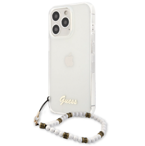 Plastové puzdro Guess na Apple iPhone 13 Pro GUHCP13LKPSWH Script and White Pearls transparentné