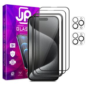 JP Full Pack Tvrdených skiel, 2x 3D sklo s aplikátorom + 2x sklo na šošovku, iPhone 15 Pro