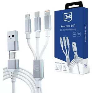 Kábel 3MK Hyper Cable 3in1 USB-A/USB-C - USB-C/Micro/Lightning 1.5m White Cable