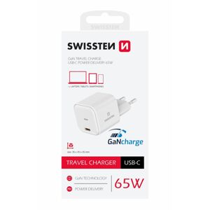 Swissten sieťový adaptér GaN 1x USB-C 65W, Power Delivery, biely