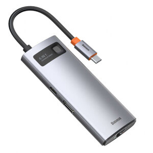 Baseus Metal Gleam HUB adaptér USB-C - USB-C, 3x USB, HDMI, RJ45, šedý (CAHUB-CW0G)