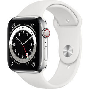 Apple Watch Series 6 Cellular 44mm strieborná oceľ s bielym športovým remienkom