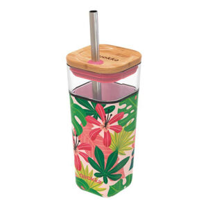 Quokka Liquid Cube pohár so slamkou 540 ml, pink jungle flora