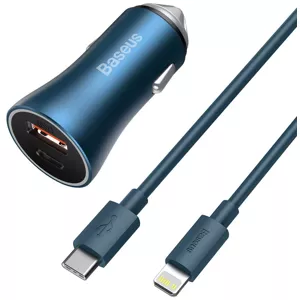 Nabíjačka do auta Baseus Golden Contactor Pro car charger, USB + USB-C, QC4.0+, PD, SCP, 40W (blue) + USB-C - Lightning cable 1m (blue)