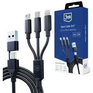 Kábel 3MK Hyper Cable 3in1 USB-A/USB-C - USB-C/Micro/Lightning 1.5m Black Cable