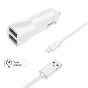 FIXED Autonabíjačka Smart Rapid Charge 2x USB s káblom USBLightning MFI 1m, 15 W, biela FIXCC15-2UL-WH