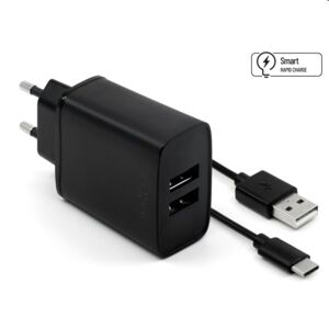 FIXED Sieťová nabíjačka Smart Rapid Charge s 2 x USB, 15W + kábel USBUSB-C 1m, čierna FIXC15-2UC-BK