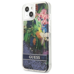 Plastové puzdro Guess na Apple iPhone 13 GUHCP13MLFLSB Glitter Flower  modré
