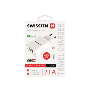 Nabíjačka Swissten Smart IC 2.1A s 2 USB konektormi a dátovým káblom USBMicro USB, 1,2m, biela 22051000