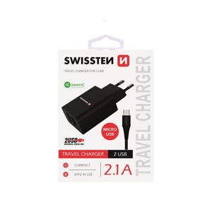 Nabíjačka Swissten Smart IC 2.1A s 2 USB konektormi a dátovým káblom USBMicro USB, 1,2m, čierna 22052000