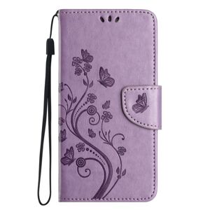 Peňaženkové puzdro Embossing Pattern Motýľ a kvet bledofialové – Samsung Galaxy A35 5G