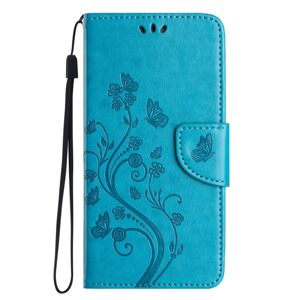 Peňaženkové puzdro Embossing Pattern Motýľ a kvet modré – Samsung Galaxy A35 5G