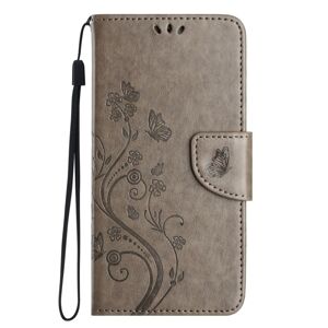 Peňaženkové puzdro Embossing Pattern Motýľ a kvet sivé – Samsung Galaxy A35 5G