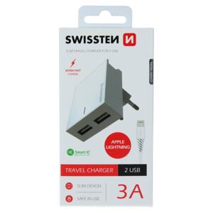 Rýchlonabíjačka Swissten Smart IC 3.A s 2 USB konektormi + dátový kábel USB  Lightning 1,2 m, biela 22047000