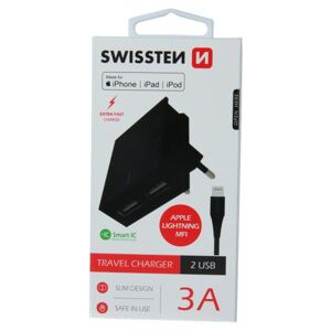 Rýchlonabíjačka Swissten Smart IC 3.A s 2 USB konektormi + dátový kábel USB  Lightning MFi 1,2 m, čierna 22046000