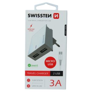 Rýchlonabíjačka Swissten Smart IC 3.A s 2 USB konektormi + dátový kábel USB  Micro USB 1,2 m, biela 22041000