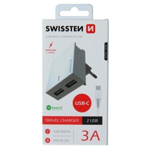 Rýchlonabíjačka Swissten Smart IC 3.A s 2 USB konektormi + dátový kábel USB  USB-C 1,2 m, biela 22043000