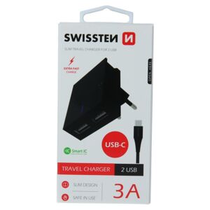 Rýchlonabíjačka Swissten Smart IC 3.A s 2 USB konektormi + dátový kábel USB  USB-C 1,2 m, čierna 22044000