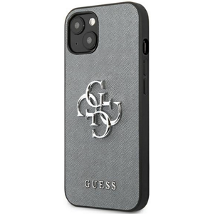 Plastové puzdro Guess na Apple iPhone 13 mini GUHCP13SSA4GSGR Saffiano 4G Metal Logo sivé