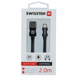 Dátový kábel opletený Swissten USB/Lightning (8 pin) 3.0A, 2.0m čierny