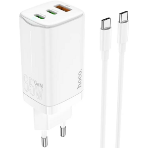 Sieťová nabíjačka HOCO N16 GaN, USB + 2x Type C 65W, Fast Charge Scenery + Type C kábel, biela