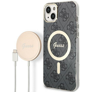 Set plastové puzdro a nabíjačka Guess na Apple iPhone 14 Plus GUBPP14MH4EACSK Magsafe 4G zlato-čierna