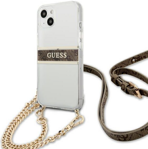 Plastové puzdro Guess na Apple iPhone 13 Mini GUHCP13SKC4GBGO 4G Brown Strap Gold Chain transparentné
