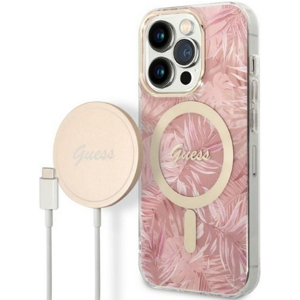 Set plastové puzdro a nabíjačka Guess na Apple iPhone 14 Pro Max GUBPP14XHJEACSP Magsafe IMG Jungle zlato-ružové
