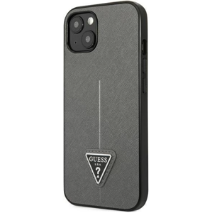 Plastové puzdro Guess na Apple iPhone 13 Mini GUHCP13SPSATLG Saffiano Triangle Logo strieborné