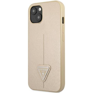 Plastové puzdro Guess na Apple iPhone 13 Mini GUHCP13SPSATLE Saffiano Triangle Logo béžové