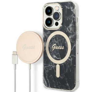 Set plastové puzdro a nabíjačka Guess na Apple iPhone 14 Pro GUBPP14LHMEACSK Magsafe IMG Marble zlato-čierne