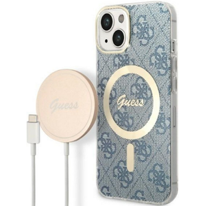 Set plastové puzdro a nabíjačka Guess na Apple iPhone 14 GUBPP14SH4EACSB Magsafe 4G zlato-modrá