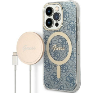 Set plastové puzdro a nabíjačka Guess na Apple iPhone 14 Pro GUBPP14LH4EACSB Magsafe 4G zlato-modrá