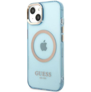 Plastové puzdro Guess na Apple iPhone 13 GUHMP13MHTCMB Gold Outline Translucent MagSafe modré