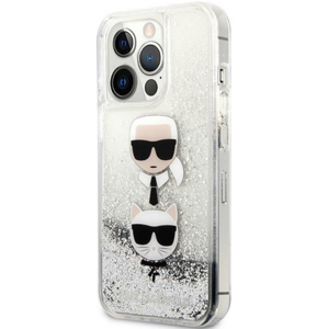 Plastové puzdro Karl Lagerfeld na Apple iPhone 13 Pro Max KLHCP13XKICGLS Liquid Glitter Karl and Choupette Head strieborné