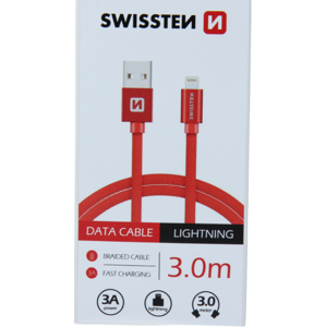 Dátový kábel opletený Swissten USB/Lightning (8 pin) 3.0A, 3.0m červený