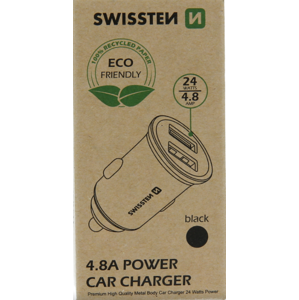 Autonabíjačka SWISSTEN 2x USB 4.8A, 24W Metal Mini - čierna (ECO balenie)