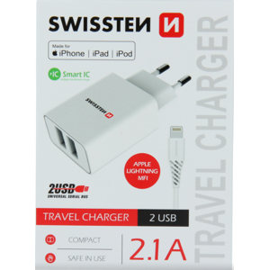 Nabíjačka Swissten SMART IC 2xUSB 2,1A POWER + kábel USB/Lightning,1.2 m biela