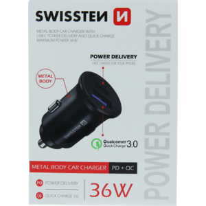 Autonabíjačka SWISSTEN USB QC 3.0 + kábel USB-C (PD iPhone) 36W čierna