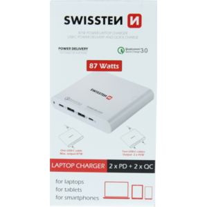 Sieťový Adaptér Swissten 87W, 2xUSB-C Power Delivery + 2xUSB QC. 3.0