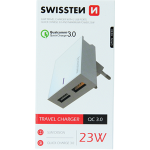 Nabíjací adaptér Swissten 2 x USB,  Quick Charge 3.0, max 23W biely