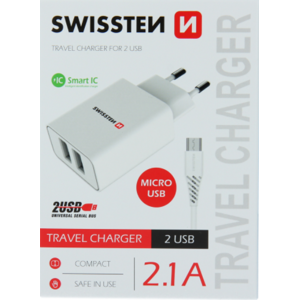 Nabíjačka Swissten Smart IC 2 x USB + Micro Usb kábel, 2.1A, 10,5W biela