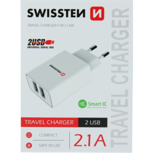 Adaptér Swissten Smart IC 2 x USB, 2.1A, 10,5W biely