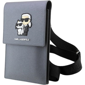 Univerzálne puzdro Karl Lagerfeld na smartfón KLWBSAKCPMG Saffiano Metal Logo NFT Wallet Phone Bag Silver