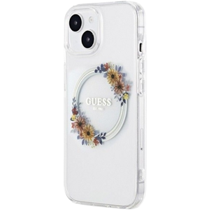 Plastové puzdro Guess na Apple iPhone 15 GUHMP15SHFWFCT Flowers Ring Glossy Logo MagSafe transparentné