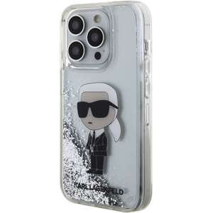 Plastové puzdro Karl Lagerfeld na Apple iPhone 15 Pro KLHCP15LLNKHCH Liquid Glitter Karl Head strieborné
