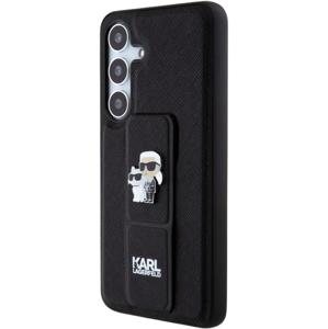 Plastové puzdro Karl Lagerfeld na Samsung Galaxy S24 5G S921 KLHCS24SGSAKCPK Saffiano Grip Stand Metal Logo čierne